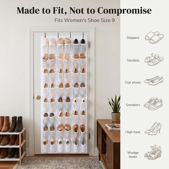 48 Pockets Over The Door Shoe Organizer, Large Mesh Hanging Shoe Rack, 6-Column Heavy Duty Shoe Storage for Sneakers and Heels, Behind Door Holder for Entryway Bedroom Dorm College, White