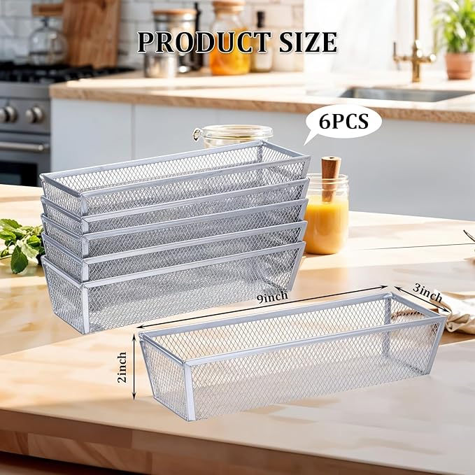 6 PCS Mesh Flatware Organizer, Silver Mesh Drawer Organizer for Kitchen, Metal Utensil Organizers for Flatware, Knives, Spoons,Cosmetic for Kitchen Utensil Tray (Silver, 9 x 3 x 2 inch)