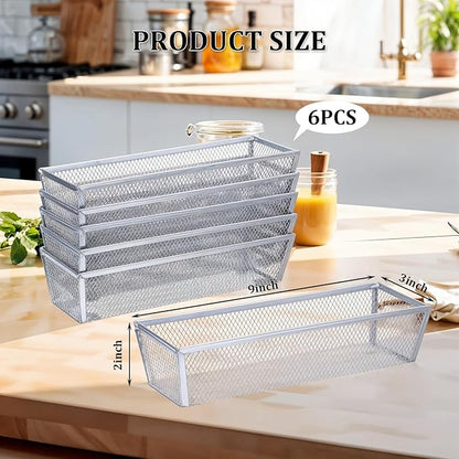 6 PCS Mesh Flatware Organizer, Silver Mesh Drawer Organizer for Kitchen, Metal Utensil Organizers for Flatware, Knives, Spoons,Cosmetic for Kitchen Utensil Tray (Silver, 9 x 3 x 2 inch)