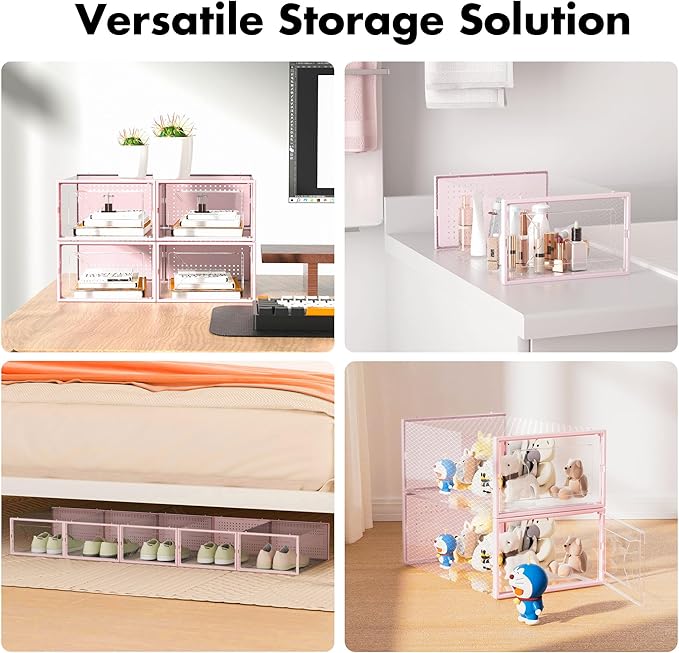 Foluck Shoe Storage Box, 15 Pack Clear Plastic Stackable Shoe Organizer for Closet, Interlocking Design Shoe Container Bins for Sneakers, Foldable Shoe Rack with Lids, Pink