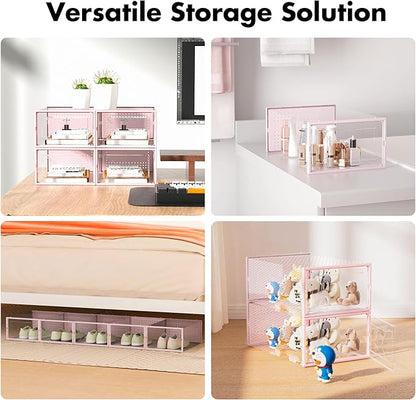 Foluck Shoe Storage Box, 15 Pack Clear Plastic Stackable Shoe Organizer for Closet, Interlocking Design Shoe Container Bins for Sneakers, Foldable Shoe Rack with Lids, Pink