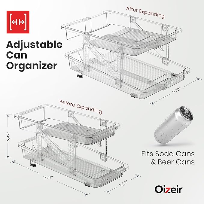 Expandable Soda Can Dispenser For Fridge - 2-Pack - Clear Transparent Soda Can Organizer For Refrigerator, Kitchen, and Pantry Storage Organizer for Cans, Beverage Bottle, Canned Food & Bottles