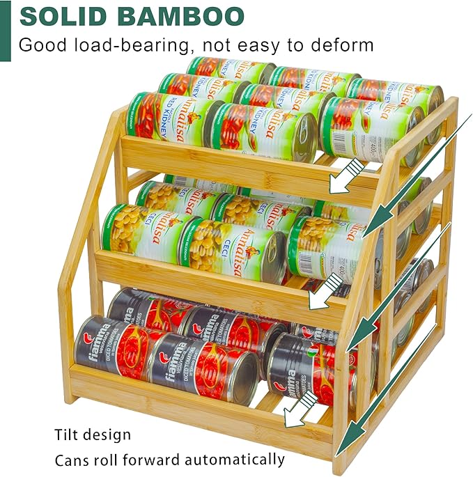 MinBoo Bamboo Can Rack Organizer, 3 Tier Stackable Can Storage Dispenser, for Food Storage,Canned Goods Organizer for Kitchen Cabinets or Pantry,Storage for 36 Cans