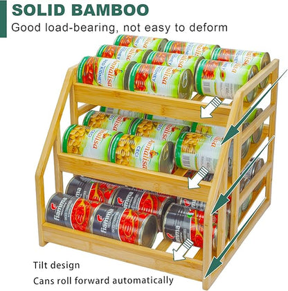MinBoo Bamboo Can Rack Organizer, 3 Tier Stackable Can Storage Dispenser, for Food Storage,Canned Goods Organizer for Kitchen Cabinets or Pantry,Storage for 36 Cans