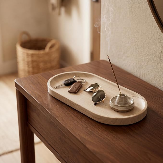 YKAJO Oval Real Marble Tray for Bathroom Kitchen Counter Stone Decorative Vanity Tray for Dresser Perfume Heavy Catchall Organizer for Soap Jewelry (Wooden Vein Beige, 11.8" x 5.9")