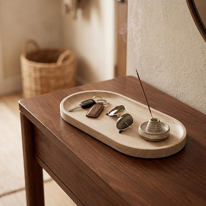 YKAJO Oval Real Marble Tray for Bathroom Kitchen Counter Stone Decorative Vanity Tray for Dresser Perfume Heavy Catchall Organizer for Soap Jewelry (Wooden Vein Beige, 11.8" x 5.9")