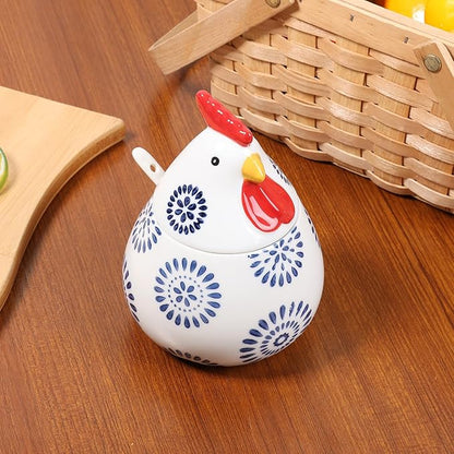 Ceramic Salt Cellar with Lid and Spoon,17oz Large Chicken Rooster Cookie Jar Salt Containers Holder for Countertop Spices,Cute Farmhouse Kitchen Decor,Spice Jar for Coffee,Sugar,Spices,Candies (#D)