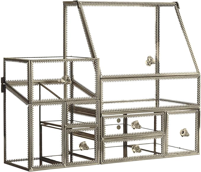 Luxury Glass Makeup Organizer Antique Bronze Metal Frame, Clear Vanity Countertop Storage Case for Cosmetics, Skincare, Perfume, Jewelry, Brush Holder & Drawers for Bathroom, Bedroom, Dressing Table