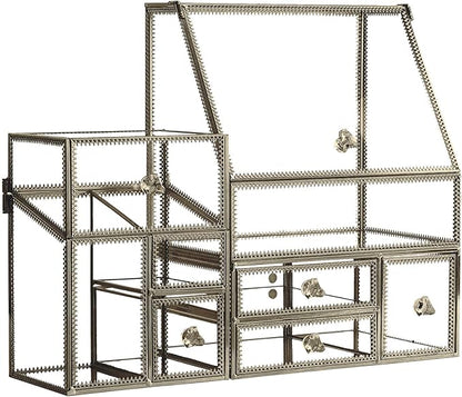 Luxury Glass Makeup Organizer Antique Bronze Metal Frame, Clear Vanity Countertop Storage Case for Cosmetics, Skincare, Perfume, Jewelry, Brush Holder & Drawers for Bathroom, Bedroom, Dressing Table