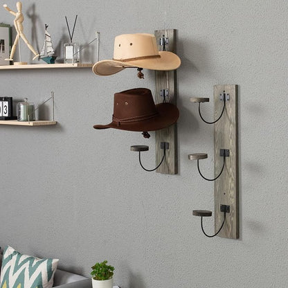 MyGift 2 Pcs Hat Rack Wall Mount, Cowboy Hat Organizer Holder, Coat, Cap Clothes Hanger with Metal Wire and Wood Hooks, Vintage Gray
