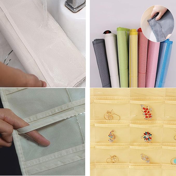 Hanging Jewelry Organizer Dual Sided Foldable Jewelry Roll with Hanger for Jewelry Brooches Closet Necklace Earrings Bracelet Ring Hair Accessories Travel Holder, Beige