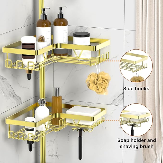 KEGII Corner Gold Shower Caddy Tension Pole - 4-Tier Rustproof Shower Rod Organizer, Floor to Ceiling Tension Rod 25-114.2 inch, Stainless Steel Corner Shower Shelf, Waterproof