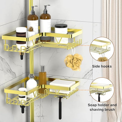 KEGII Corner Gold Shower Caddy Tension Pole - 4-Tier Rustproof Shower Rod Organizer, Floor to Ceiling Tension Rod 25-114.2 inch, Stainless Steel Corner Shower Shelf, Waterproof