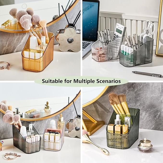 DASITON Large Capacity Makeup Brush Holder,3 Slot Makeup Brush Cup,Vintage striped Make Up Brush Holder,for Vanity Decor,Bathroom Countertops,Desk Storage Container,Cosmetic Display cases(Black-S)