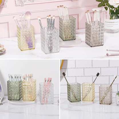 DASITON Makeup Brush Holder Organizer, Acrylic Makeup Brush Cup, Diamond Striped Make Up Brush Holder for Vanity, Bathroom Countertop, Toothbrush Holders, Pen Holder for Desk Storage (Yellow)