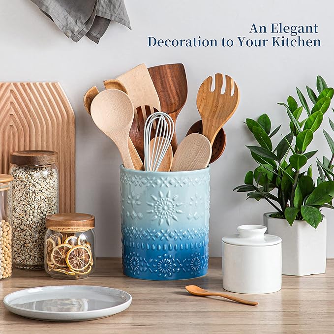 LOVECASA Extra Large Kitchen Utensil Holder, 7.2" Ceramic Farmhouse Utensil Holder For Kitchen Décor Countertop With Heavy And Sturdy Base, Utensil Crock Organizer, Blue