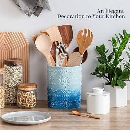 LOVECASA Extra Large Kitchen Utensil Holder, 7.2" Ceramic Farmhouse Utensil Holder For Kitchen Décor Countertop With Heavy And Sturdy Base, Utensil Crock Organizer, Blue