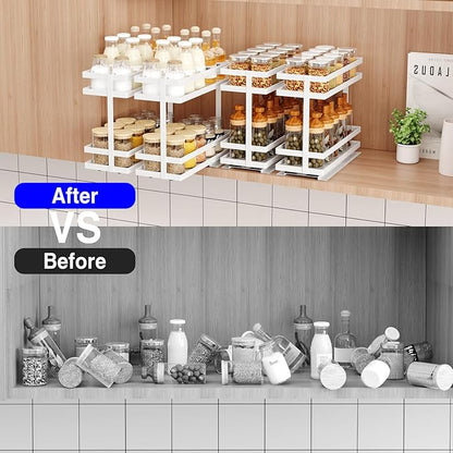 Mustorn 2 Pack Pull Out Spice Rack Organizer for Cabinet, 2 Tier Metal Slide Out Seasoning Organizer and Storage Heavy Duty Vertical Spice Rack Shelf Pullout for Kitchen Cabinets No Drilling (White)