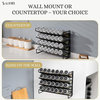 4-Tier Spice Rack Organizer Set – Wall Mounted or Countertop – Includes 28 Glass Spice Jars, 386 Spice Labels, Funnel, and Chalk Marker – Kitchen Spice Storage Solution