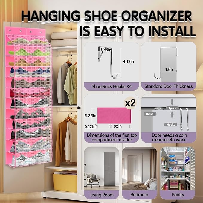 Kotkn Over The Door Shoe Organizer with 12 Large Breathable Pockets - Durable Hanging Storage for the Entire Family's Shoes (Pink)