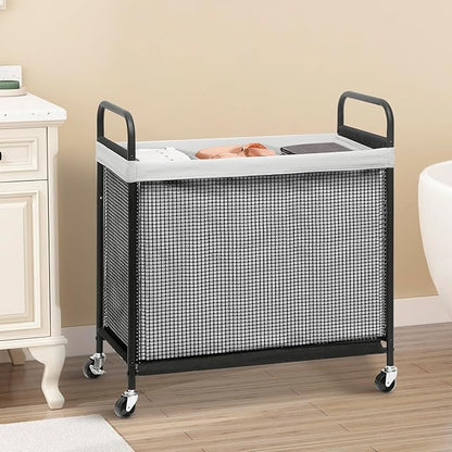 STORAGE MANIAC Rolling Laundry Hamper with Wheels 3-Section Laundry Sorter Rolling Laundrys Basket on Wheels with Removable Bag Clothes Hamper Laundrys Organizer Cart Bathroom Bedroom 120L Grey