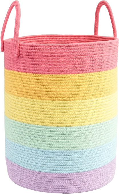 Woven Cotton Rope Laundry basket-15”X20” Laundry Hamper-Rope Storage Basket for Dirty Clothes, Toys and Blankets Perfect for Bathroom, Baby nursery and Living Room Storage (rainbow)