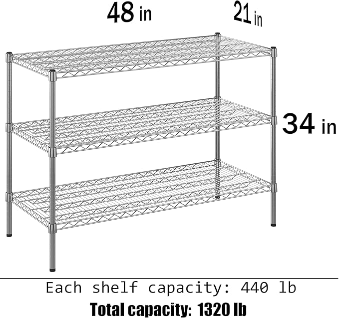 21" Deep x 48" Wide x 34" Height Wire Shelving Kit | 3-Tier | NSF Commercial Storage Rack Unit