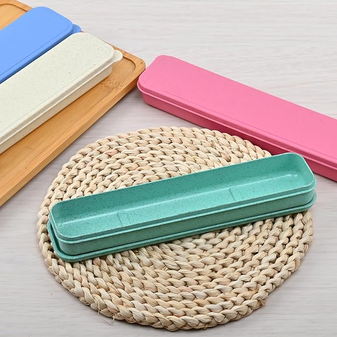 Travel Cutlery Case Portable Utensil Holder Large Travel Silverware Case Flatware Storage Box Camping Utensils Cutlery Cases for Fork Spoon Chopsticks Lunch Box, 9.6 x 2.1 inches (Beige, Green)