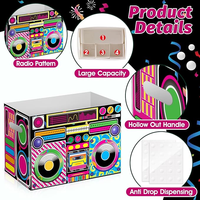 2PCS Boom Box Utensil Holder Retro Radio Utensil Caddy for 80s 90s Party Decorations Paper Cutlery Holder with Handles for Hip Hop Birthday Party Supplies Disposable 1980s 1990s Disco Cutlery Caddy