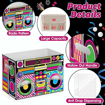 2PCS Boom Box Utensil Holder Retro Radio Utensil Caddy for 80s 90s Party Decorations Paper Cutlery Holder with Handles for Hip Hop Birthday Party Supplies Disposable 1980s 1990s Disco Cutlery Caddy