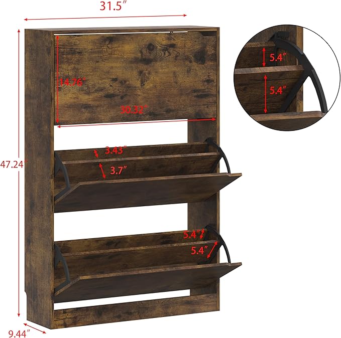 Shoe Storage Cabinet for Entryway, Brown Shoe Cabinet with 3 Flip Drawers, Hidden Shoes Rack Freestanding Storage Organizer for Entryway,Closet, Living Room,Hallway 47.24"H × 31.50"W × 9.44"D