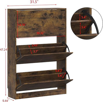 Shoe Storage Cabinet for Entryway, Brown Shoe Cabinet with 3 Flip Drawers, Hidden Shoes Rack Freestanding Storage Organizer for Entryway,Closet, Living Room,Hallway 47.24"H × 31.50"W × 9.44"D