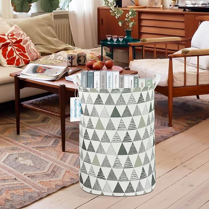 Laundry Basket Canvas Fabric Collapsible Organizer Basket for Storage Bin Toy Bins Gift Baskets Bedroom Clothes Children Nursery Hamper (Grey triangle)