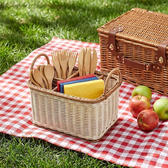 Cabilock Silverware Caddy Woven Basket Cutlery Holder, Napkin and Utensil Picnic Basket Silverware Organizer Utensil Holder for Kitchen Countertop with Handle