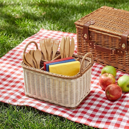 Cabilock Silverware Caddy Woven Basket Cutlery Holder, Napkin and Utensil Picnic Basket Silverware Organizer Utensil Holder for Kitchen Countertop with Handle