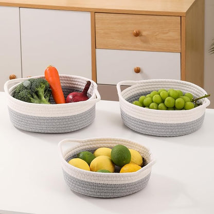 YMhoart Small Storage Woven Baskets Shelves Natural Cotton Rope Bins with Handle Toilet Tank Paper for Countertop Cute Gifts Organizing Mini Nursery 5 Set box (White & Gray)