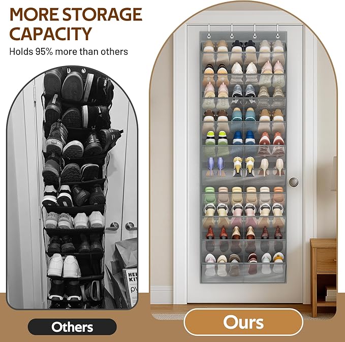 MISSLO 30 Pairs Over the Door Shoe Organizer Breathable Mesh Hanging Shoe Rack for Closet Storage with Wide Deep Pockets 10 Tier Shoes Holder Fit All the Family's Sneakers, Boots, Heels (Grey, 71")