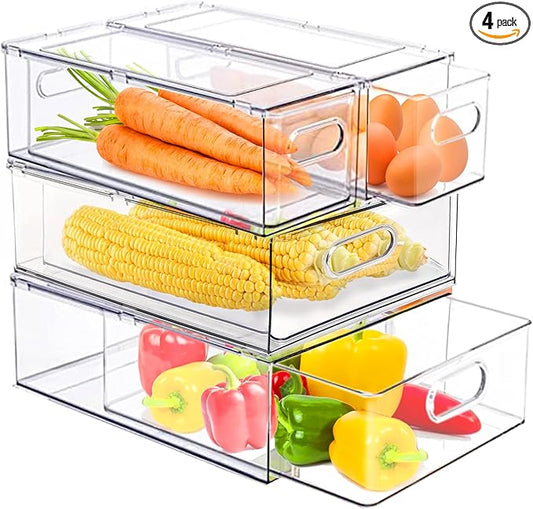 bealy 4 Pack Clear Storage Drawer Set, Stackable Fridge Drawer Organizer Fruit Vegetable Storage Containers for Kitchen Pantry Organization,BPA-Free