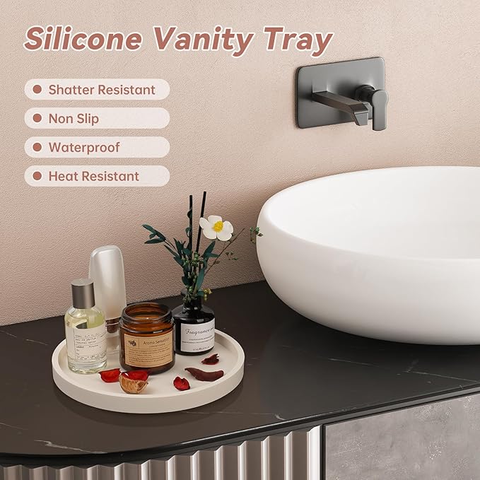NiHome Thickened Silicone Vanity Organizer Tray for Bathroom Accessories, Kitchen Countertop, Living Room Decor, Multipurpose Shatter-Resistant Round Tray Decor for Candle Perfume Soap Plant (Cream)