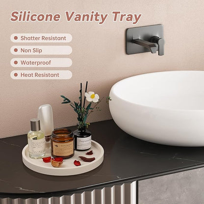 NiHome Thickened Silicone Vanity Organizer Tray for Bathroom Accessories, Kitchen Countertop, Living Room Decor, Multipurpose Shatter-Resistant Round Tray Decor for Candle Perfume Soap Plant (Cream)