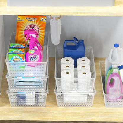 Simple Houseware Stackable Plastic Woven Basket Organizer, 6 Pack, 14.5" x 8.5" x 3.5", Clear