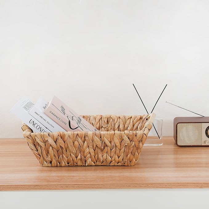 Handcrafted Water Hyacinth Basket with Wooden Handles, Wicker Shelf Basket for Storage and Organizing, Rectangular, 1 Pack, Large Size
