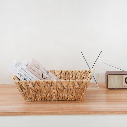Handcrafted Water Hyacinth Basket with Wooden Handles, Wicker Shelf Basket for Storage and Organizing, Rectangular, 1 Pack, Large Size