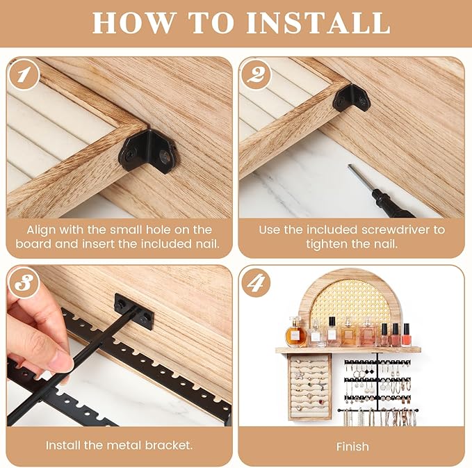 AceOrbit Hanging Jewelry Organizer Wall Mounted with Rustic Wood Rattan Shelf Wooden Ring Display Box Large Boho Jewelry Holder for Necklaces Bracelet Earrings Rings Storage