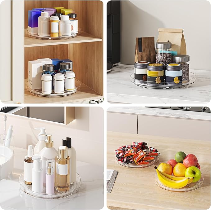 4 Pack 9 Inch Clear Lazy Susan Turntable Organizer, Non-Skid Rotating Tray for Cabinet, Kitchen Pantry Organization and Storage, Acrylic Spinner for Refrigerator, Bathroom Vanity and Spice Rack