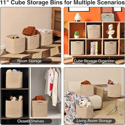 11 Inch Cube Storage Bins, Organizing Bins for Cube Organizer, Storage Baskets for Organizing, Woven Storage Basket for Shelves, Cotton Rope Toy Baskets Storage Kids, Brown (Pack of 3)