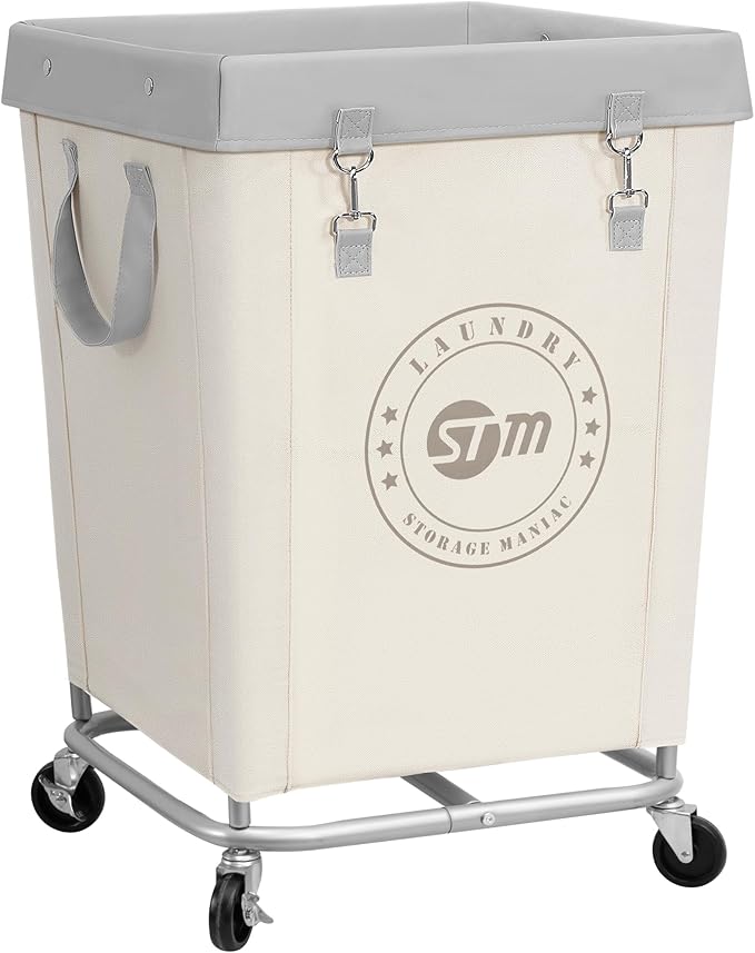 STORAGE MANIAC Commercial Laundry Hamper with Heavy Duty Steel Frame, 160 L Industrial Laundry Basket Cart with Wheels for Hotel, Home, Laundry Room, 18''L x 18''W x 31''H, Medium Beige