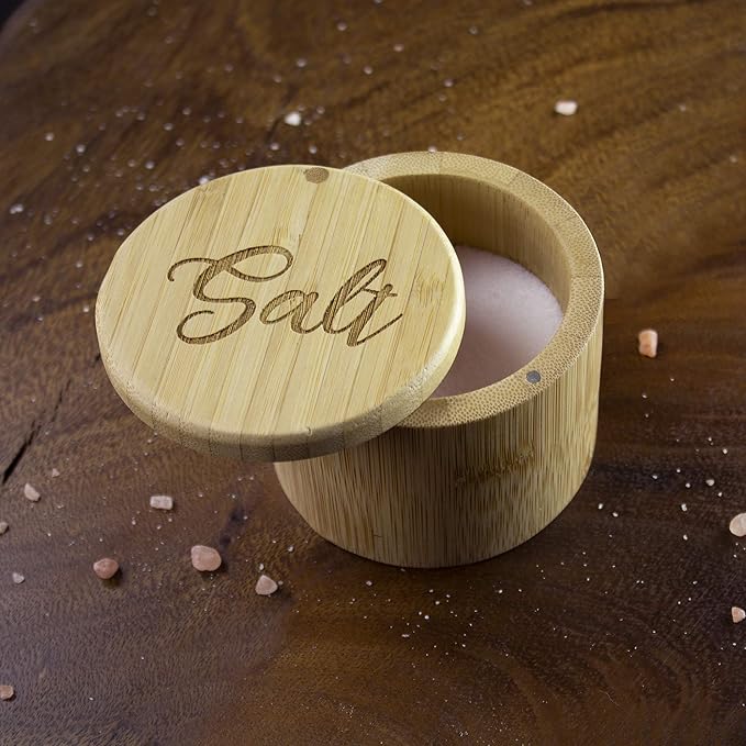 Totally Bamboo Salt Cellar Bamboo Storage Box with Magnetic Swivel Lid, 6 Ounce Capacity, Salt Engraved on Lid