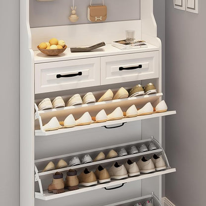 Vibe & Dine Shoe Cabinet, Entryway Shoe Storage Cabinet with 3 Flip Doors and 2 Drawers, 2-in-1 Wooden Shoe Rack Organizer with Coat Hooks for Hallway Cloakroom, White