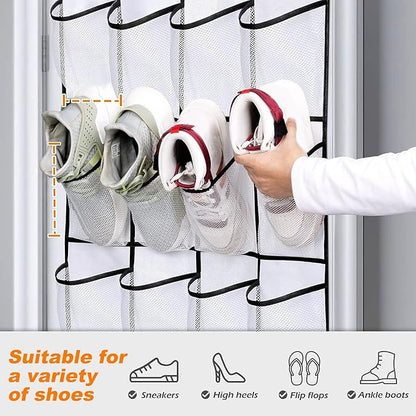 Over the Door Shoe Organizer, 24 Pocket Breathable Mesh Hanging Shoe Organizer, Shoe Holder, Sturdy over the Door Storage Fits for Size 13 Shoes 59x21 Hanging Shelves, White